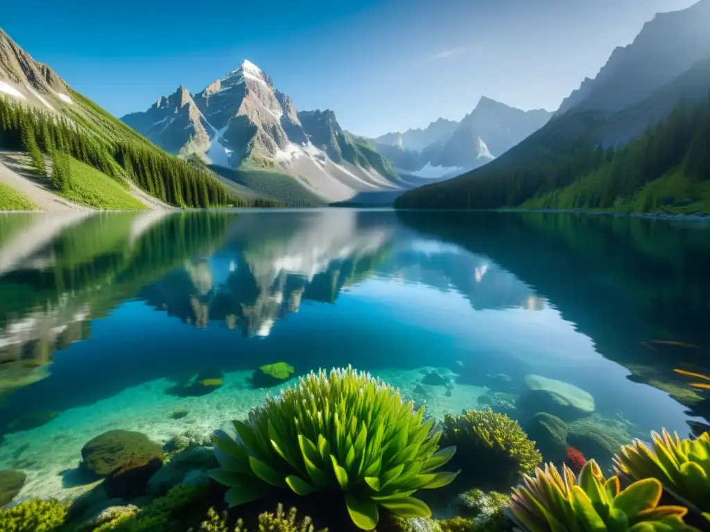 Exploración submarina en un lago de montaña de alta altitud, con paisajes nevados y vida acuática vibrante