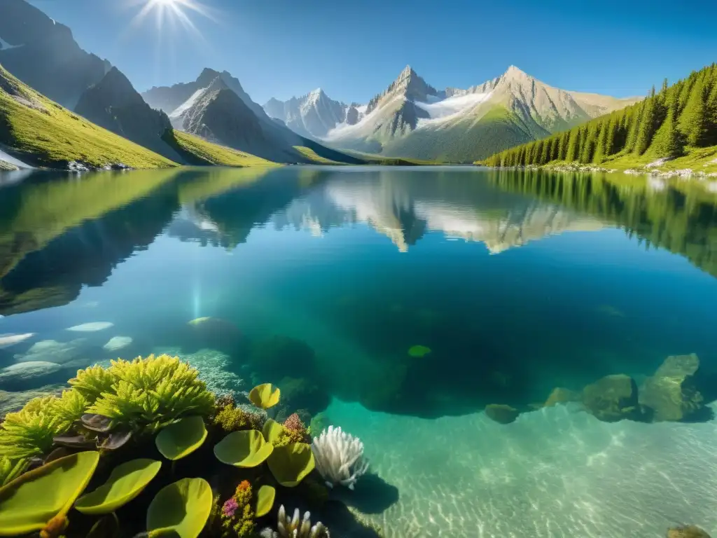 Exploración submarina en el lago de altitud rodeado de montañas nevadas, vida acuática vibrante y belleza serena