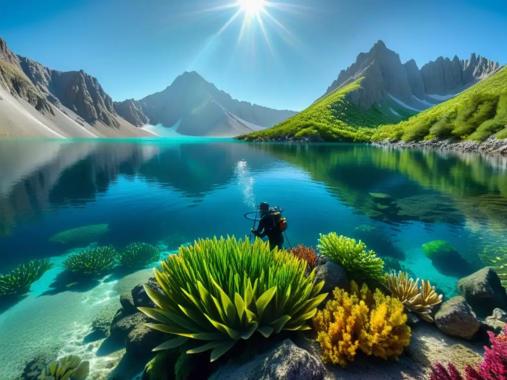 Exploración submarina en un lago de montaña, con plantas acuáticas y peces coloridos en un lecho rocoso