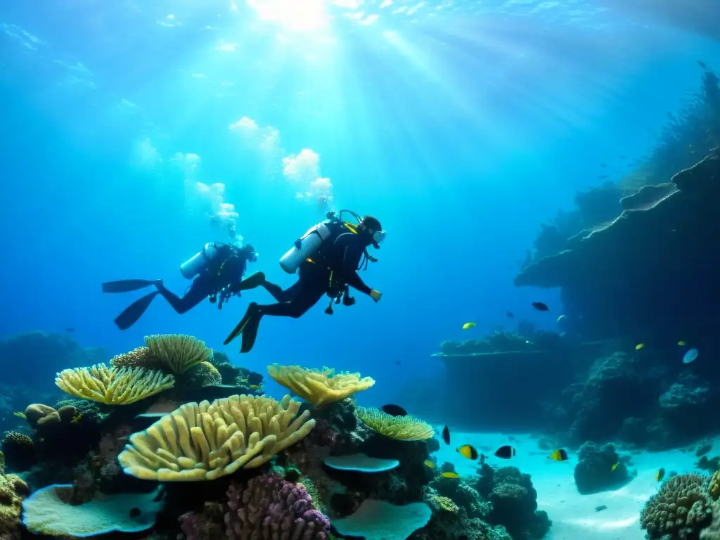 Exploración submarina en lecho marino: Diversidad marina, tecnología y coloridas formaciones de coral bajo la luz solar