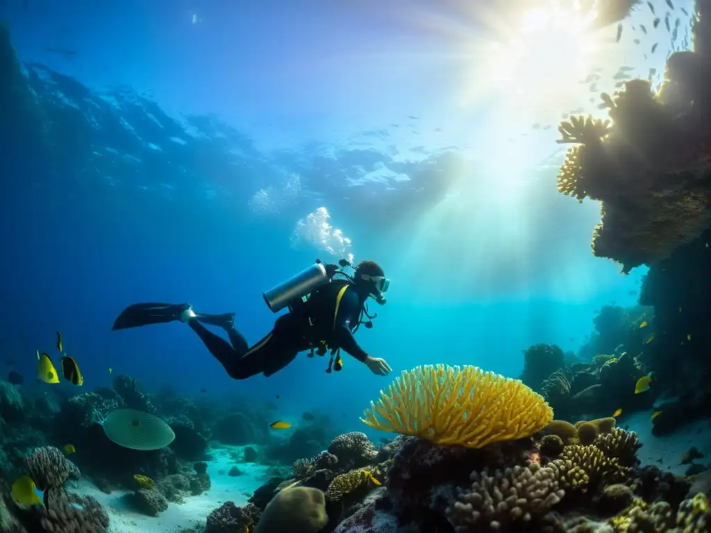 Exploración submarina con una linterna de alto rendimiento iluminando un vibrante arrecife de coral