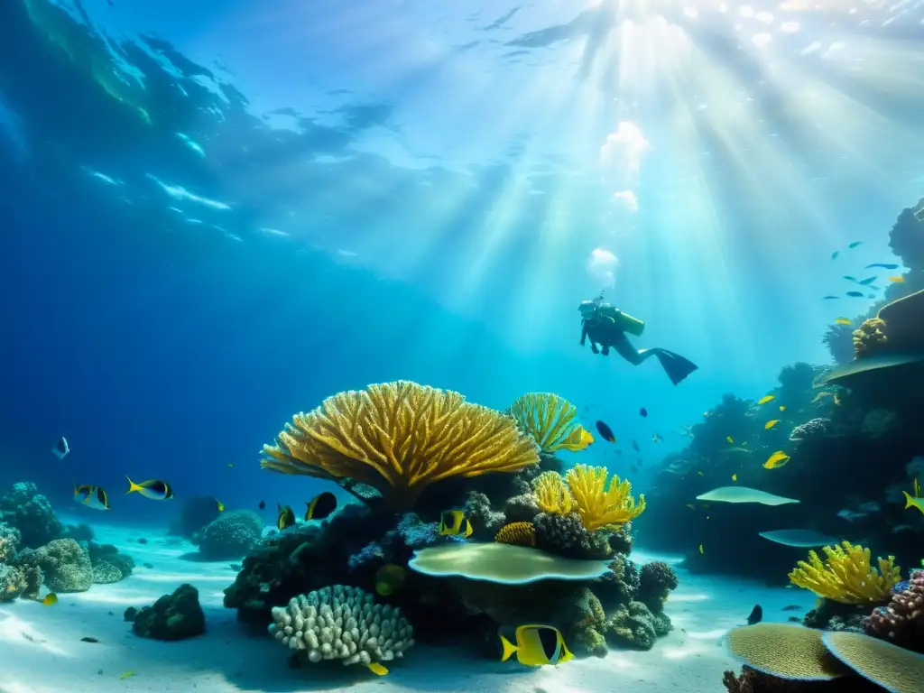 Fotografía submarina con luz natural: Arrecife de coral vibrante con peces coloridos y rayos de sol filtrándose en el agua cristalina