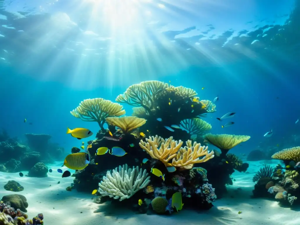 Fotografía submarina con luz natural: un arrecife de coral vibrante, peces coloridos y plantas marinas bajo el sol