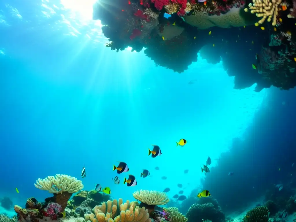 Una fotografía submarina con luz natural muestra un asombroso paisaje marino lleno de vida y color en un arrecife de coral vibrante