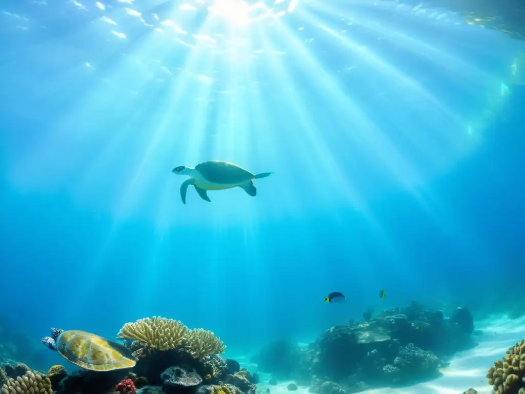 Fotografía submarina con luz natural: Escena tranquila y maravillosa de un arrecife de coral vibrante, con peces iridiscentes y una tortuga marina