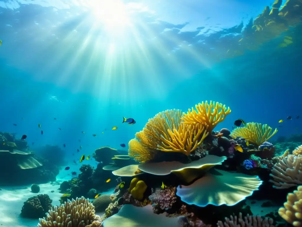 Fotografía submarina con luz natural: Escena hipnótica de arrecife de coral vibrante y vida marina colorida bajo el cálido resplandor del sol