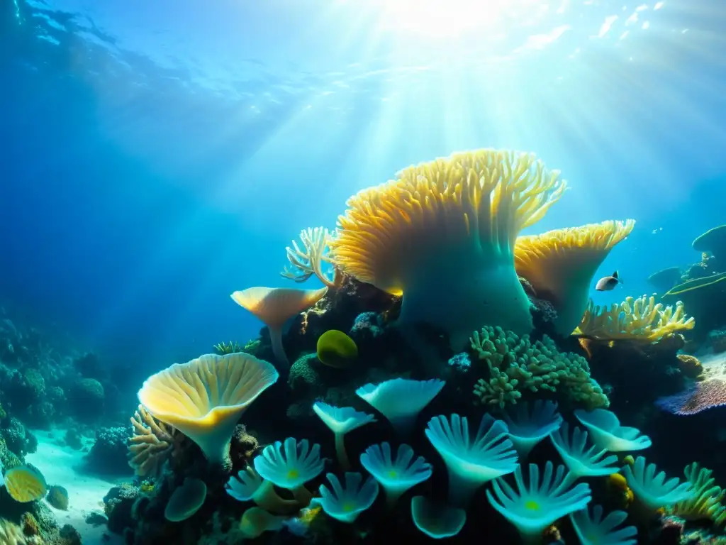 Una fotografía submarina con luz natural muestra un vibrante arrecife de coral, lleno de vida marina colorida y detalles intrincados