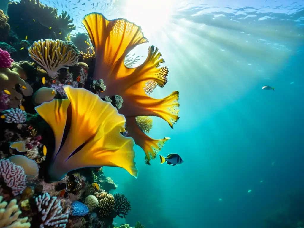 Una fotografía submarina con luz natural muestra un vibrante arrecife de coral repleto de vida y coloridos corales, esponjas y peces