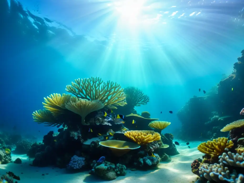 Fotografía submarina con luz natural: un vibrante arrecife de coral bañado por rayos de sol, revelando la vida marina en detalle exquisito