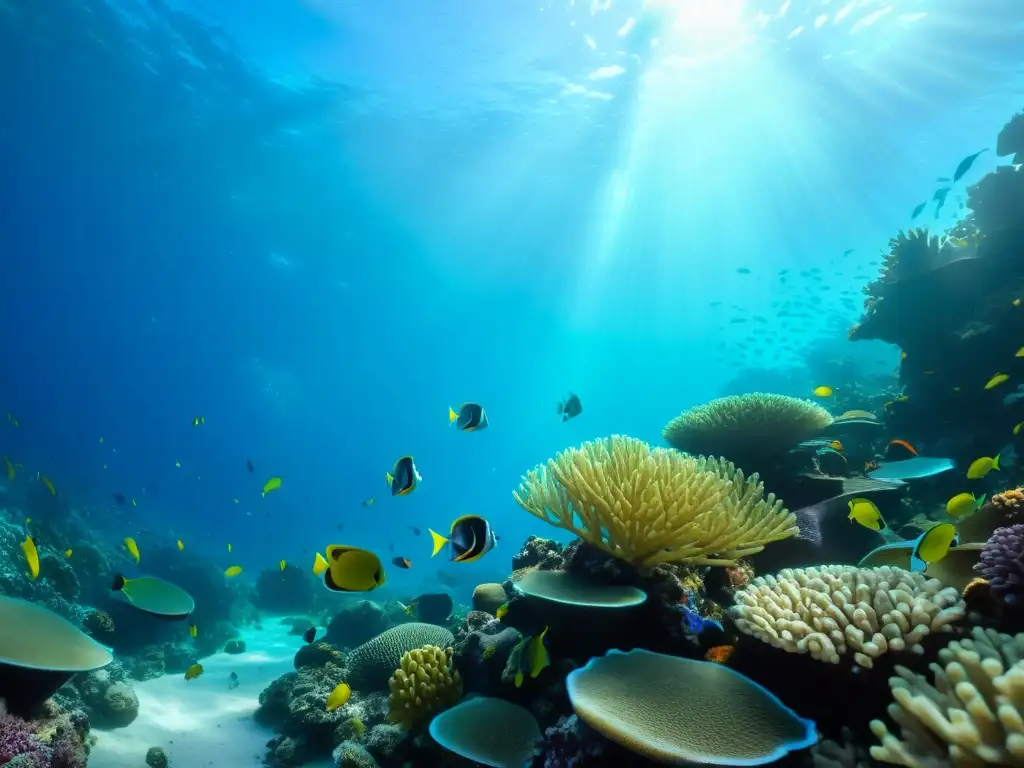 Una fotografía submarina con luz natural que muestra un vibrante arrecife de coral lleno de vida marina colorida y dinámica