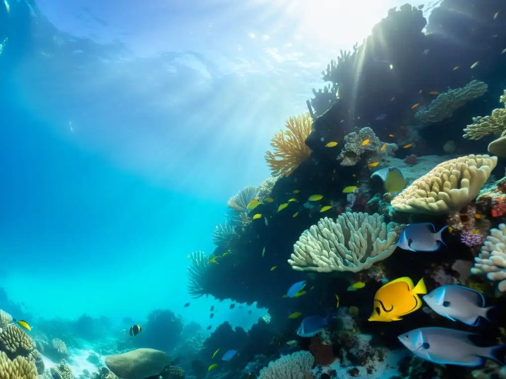 Una fotografía submarina con luz natural que muestra un vibrante arrecife de coral, peces tropicales y la danza de luz y sombra en el agua turquesa