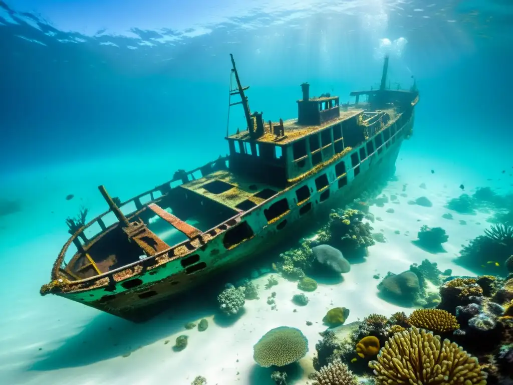 Expedición submarina naufragios Caribe: majestuoso naufragio rodeado de vida marina y coral vibrante en aguas cristalinas