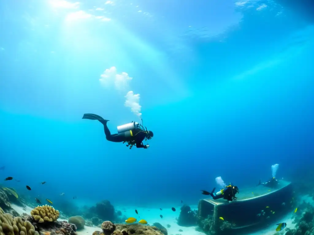 Exploración submarina en cámara hiperbárica, con médicos atendiendo a un paciente, rodeados de vida marina colorida y diversidad