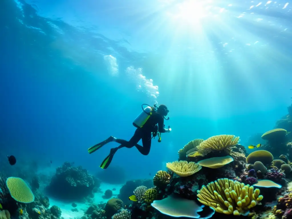 Exploración submarina con los mejores chalecos compensadores para buceo, en arrecife de coral vibrante y vida marina diversa