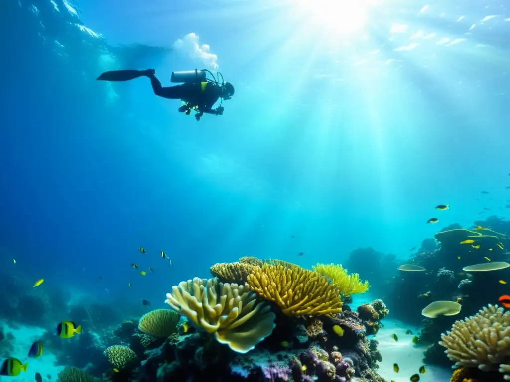 Exploración submarina con los mejores compases de buceo: un arrecife de coral vibrante, peces coloridos y un buceador navegando con precisión