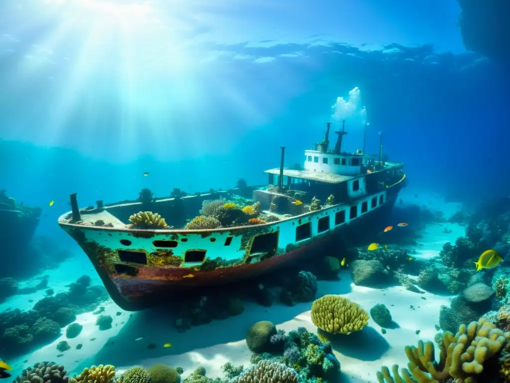 Expedición submarina naufragios Caribe: misteriosa belleza en el fondo marino, con corales y peces coloridos bajo la luz del sol