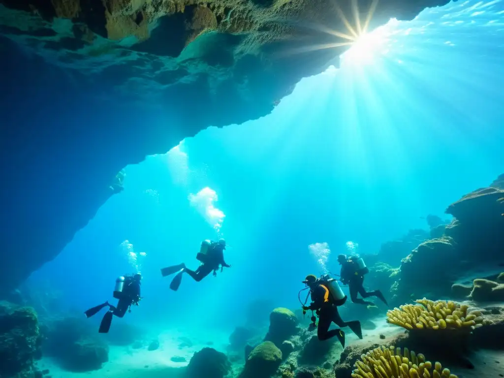 Exploración submarina en cueva misteriosa Exploración submarina en una misteriosa cueva con buceadores y protocolos de seguridad buceo altura