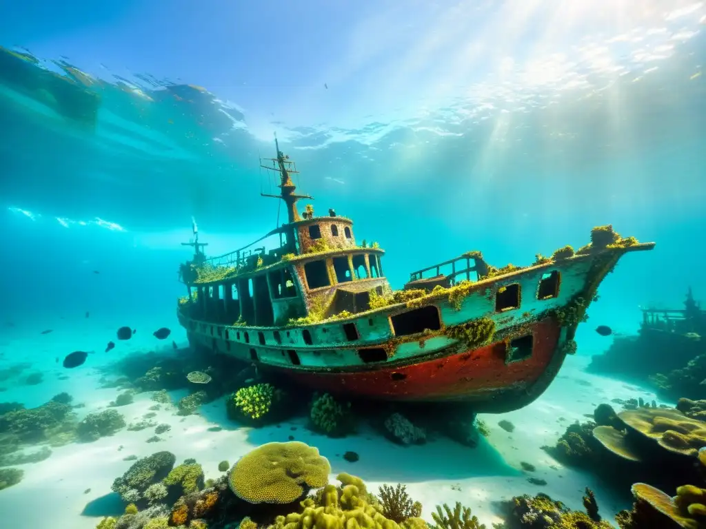 Expedición submarina naufragios Caribe: Naufragio cubierto de coral vibrante, vida marina y aguas turquesas