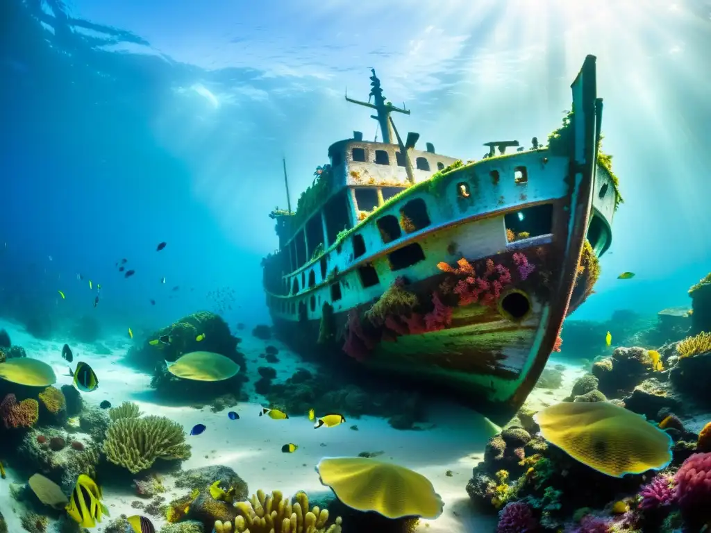 Exploración submarina de un naufragio rodeado de arrecifes de coral, peces coloridos y rayos de sol