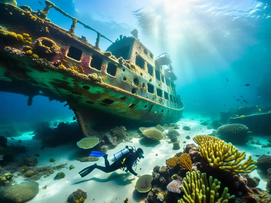 Exploración submarina de un naufragio rodeado de vida marina y coral colorido