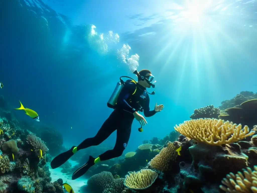 Exploración submarina con neoprenos de buceo AquaLung 2023 en un arrecife de coral vibrante, iluminado por el sol a través del agua