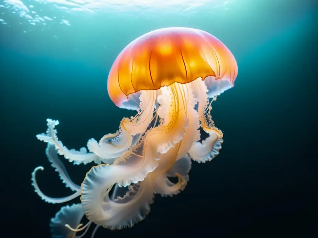 Una fotografía submarina en la oscuridad de una impresionante medusa bioluminiscente, iluminando el agua circundante con un resplandor etéreo