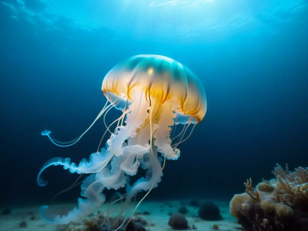 Una fotografía submarina en la oscuridad muestra una medusa bioluminiscente con sus tentáculos brillando en azul, rodeada de criaturas vibrantes