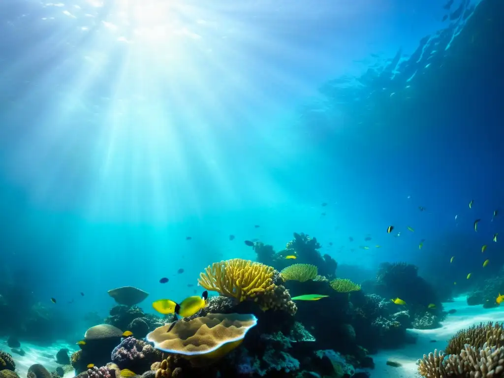 Una fotografía submarina en la oscuridad, muestra un vibrante arrecife de coral lleno de vida y coloridos peces entre formaciones de coral