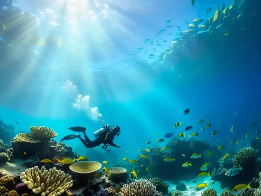 Fotografía submarina para principiantes: un arrecife de coral vibrante con peces coloridos y un buceador capturando la belleza marina