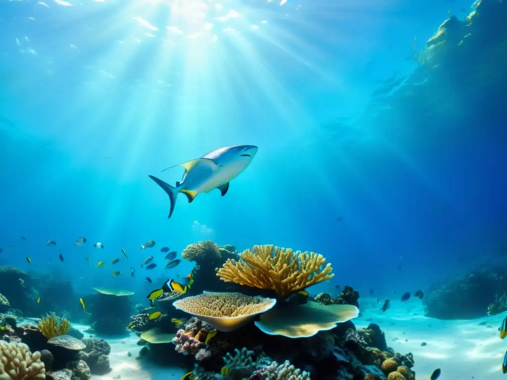 Fotografía submarina para principiantes: espectacular arrecife de coral con peces y rayos de sol filtrándose en el agua