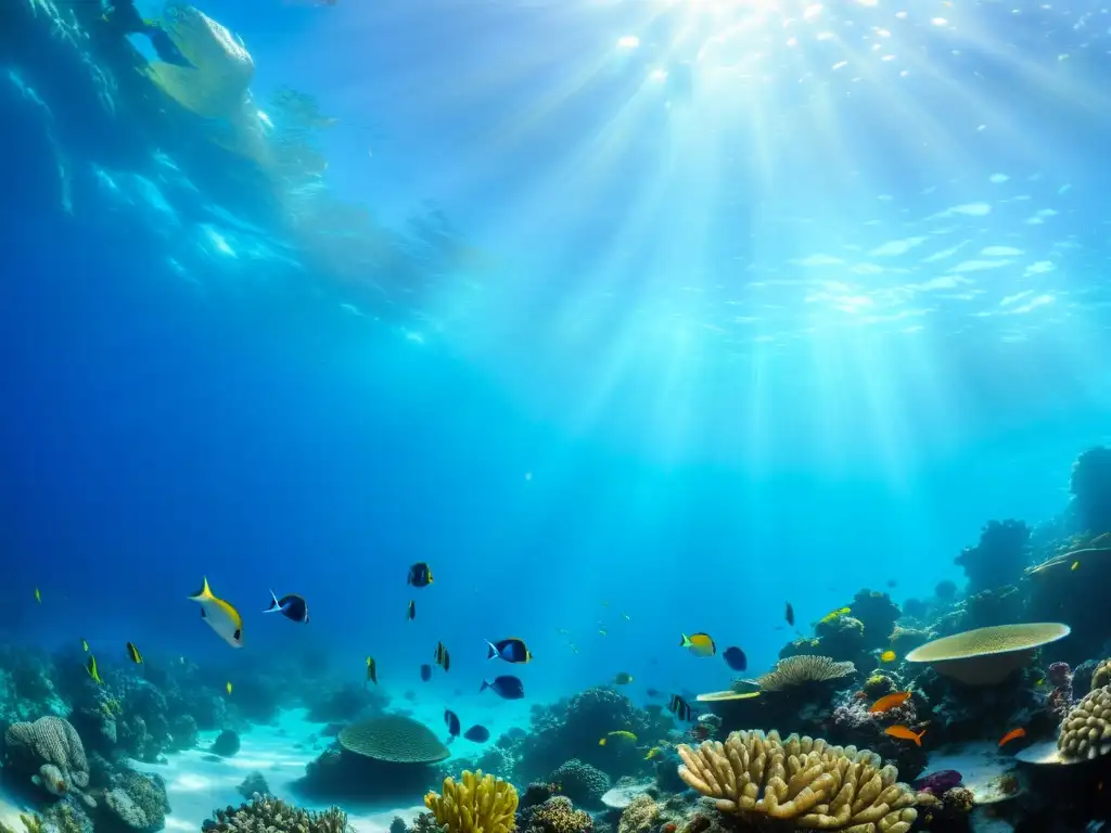 Una fotografía submarina para principiantes: un vibrante arrecife de coral repleto de vida marina colorida bajo el agua clara y la luz del sol