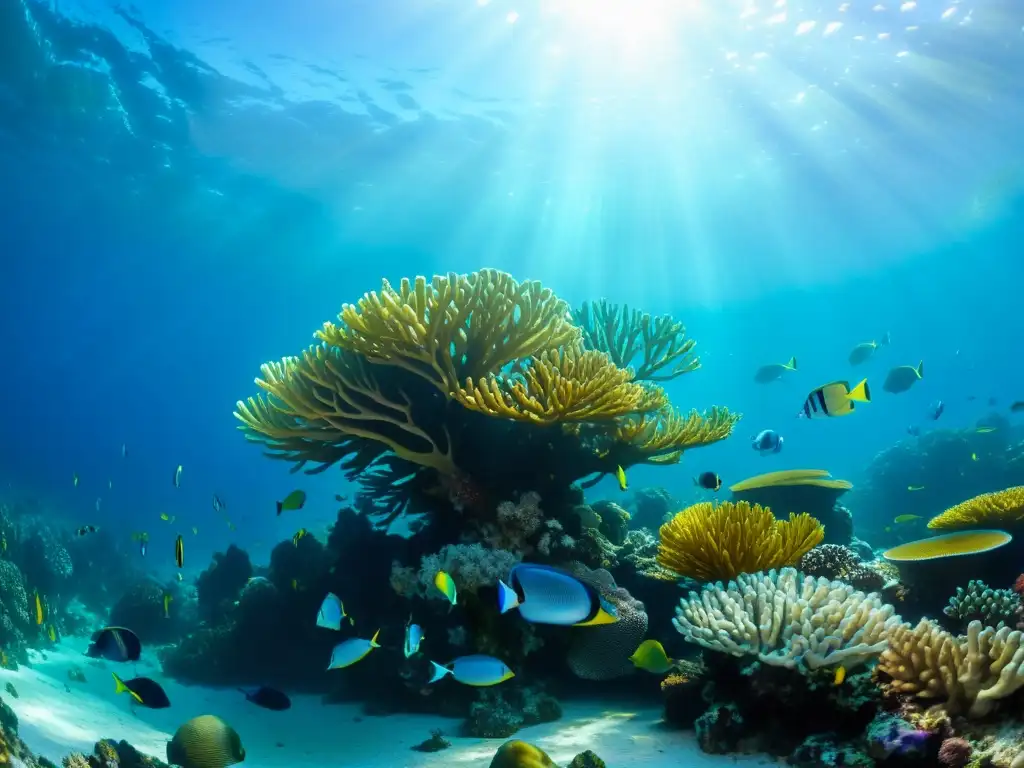 Una fotografía submarina para principiantes de un vibrante arrecife de coral, repleto de peces coloridos y vida marina