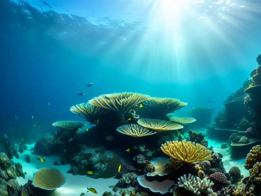 Cartografía submarina en profundidades inexploradas: paisaje marino con arrecifes de coral y vida acuática, patrones de luz solar en el fondo oceánico