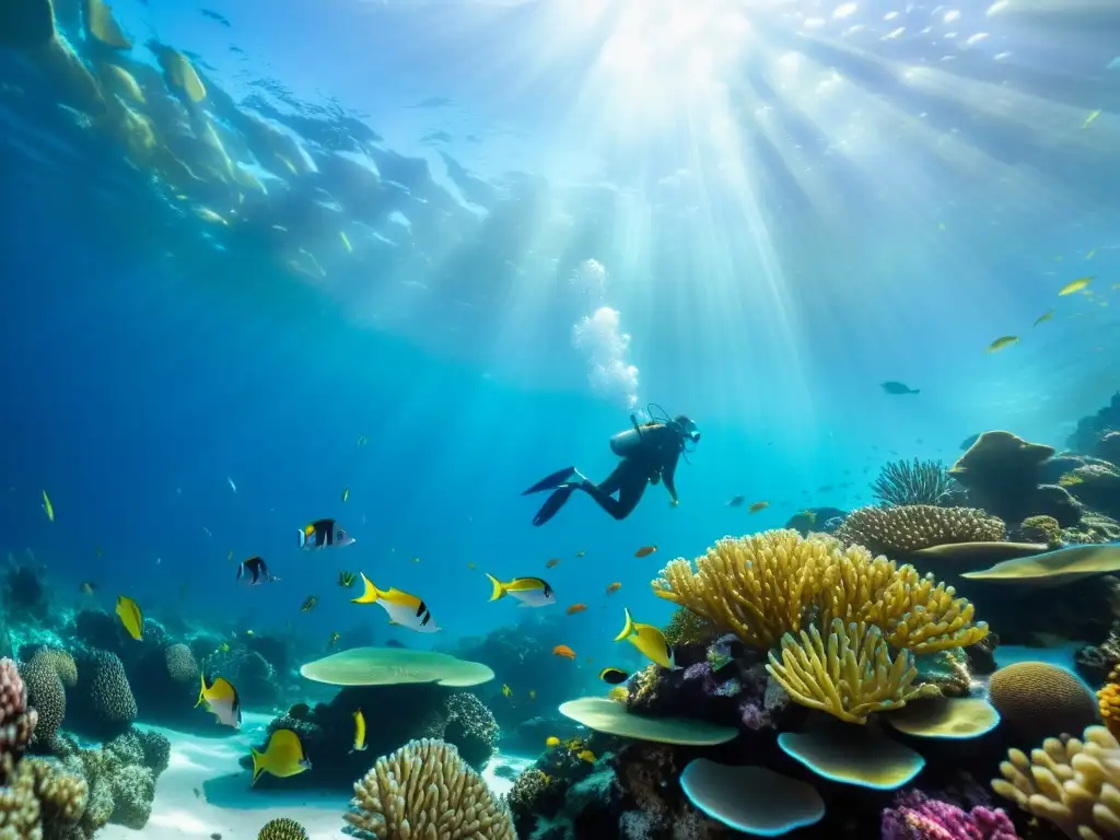 Fotografía submarina con propósito: Un vibrante arrecife de coral repleto de vida marina, peces coloridos y plantas marinas