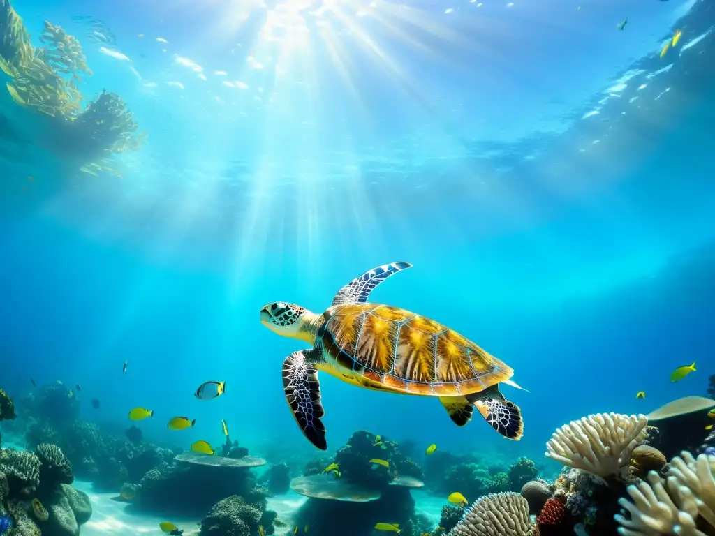 Fotografía submarina con propósito: Un vibrante arrecife de coral lleno de vida marina, con peces coloridos, formaciones de coral e impresionantes rayos de sol que atraviesan el agua clara