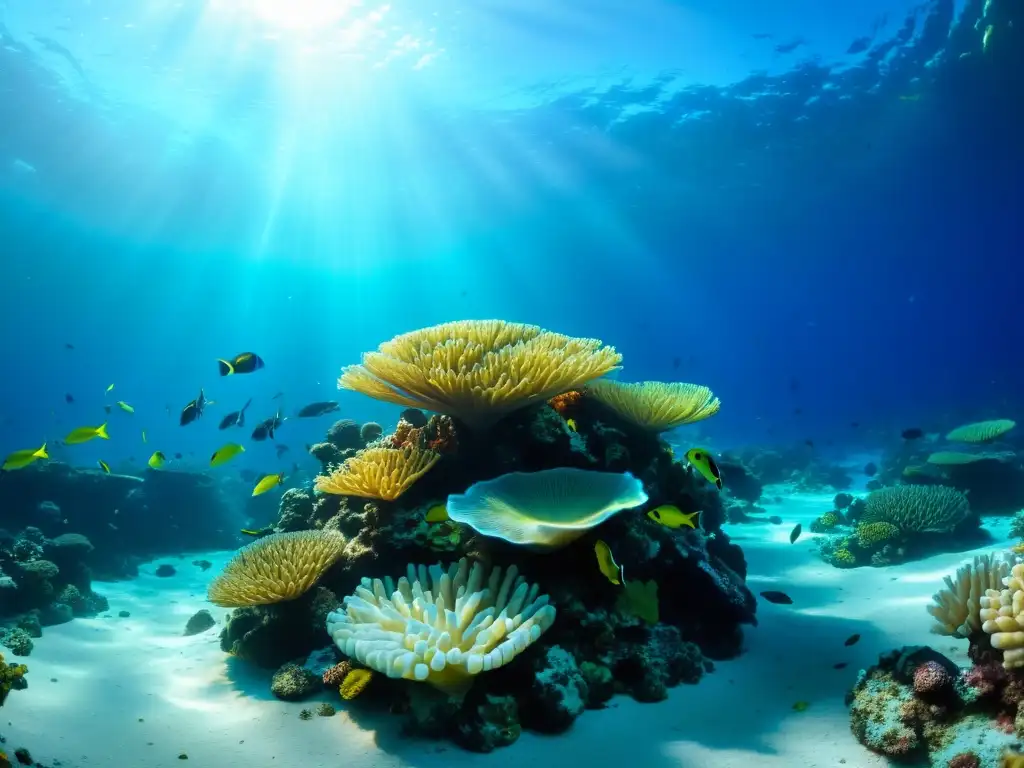 Arrecife de coral vibrante en 8k: vida marina colorida bajo el sol Exploración submarina en realidad virtual: vibrante arrecife de coral con vida marina colorida y luz solar filtrada