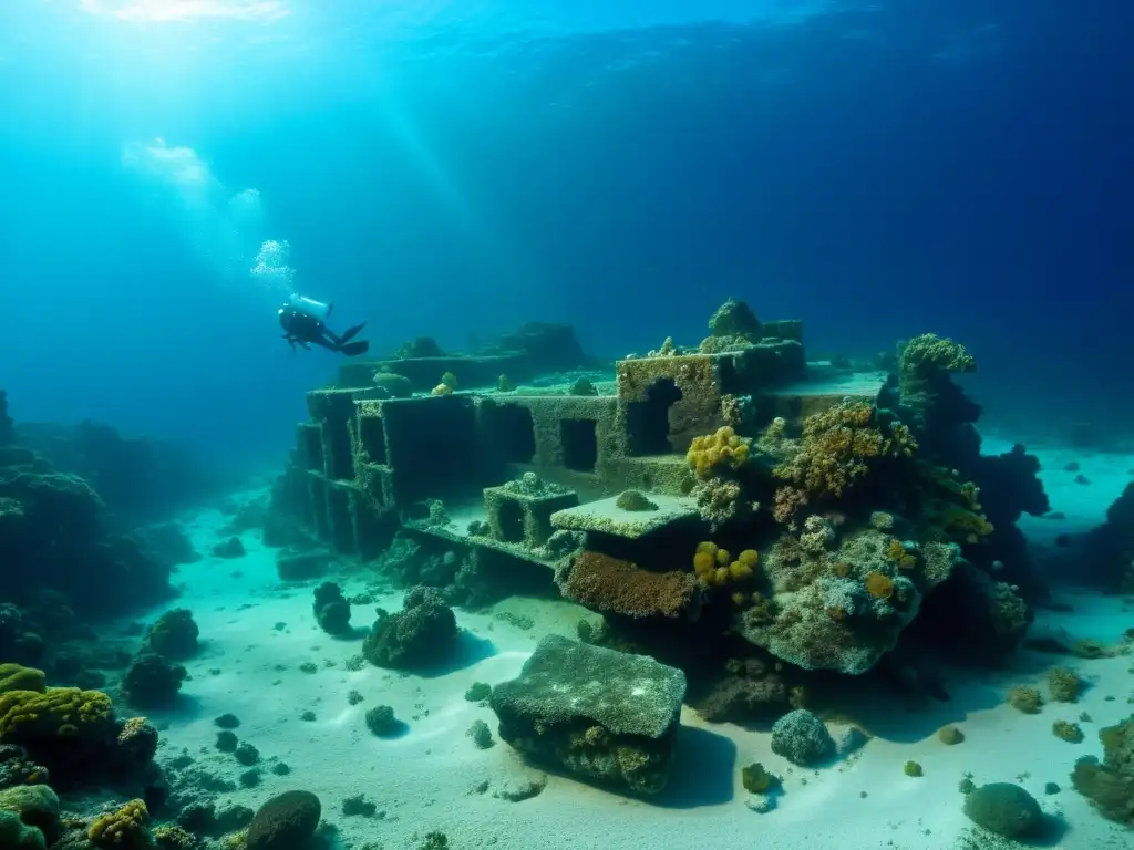 Exploración submarina: Reliquias antiguas lecho marino descubiertas en Antikythera, con juego de luz y sombra