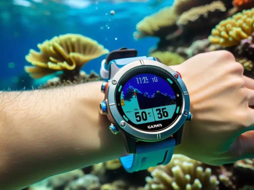 Exploración submarina con el reloj de buceo Garmin Descent MK2 en un arrecife de coral vibrante