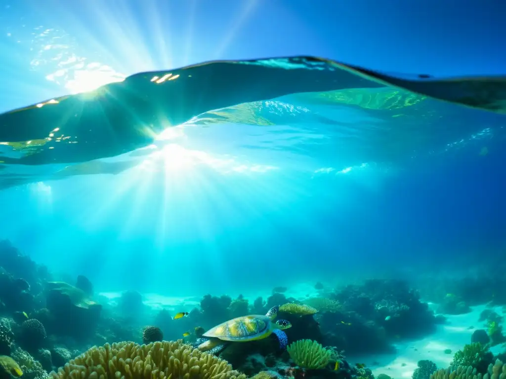 Fotografía submarina responsable vida marina: Escena vibrante bajo el mar con coral colorido, peces tropicales y una tortuga nadando