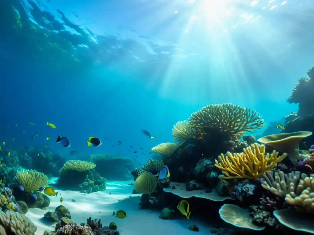 Fotografía submarina responsable vida marina: Imagen vibrante de arrecife de coral con diversa vida marina y paisaje tranquilo bajo el agua