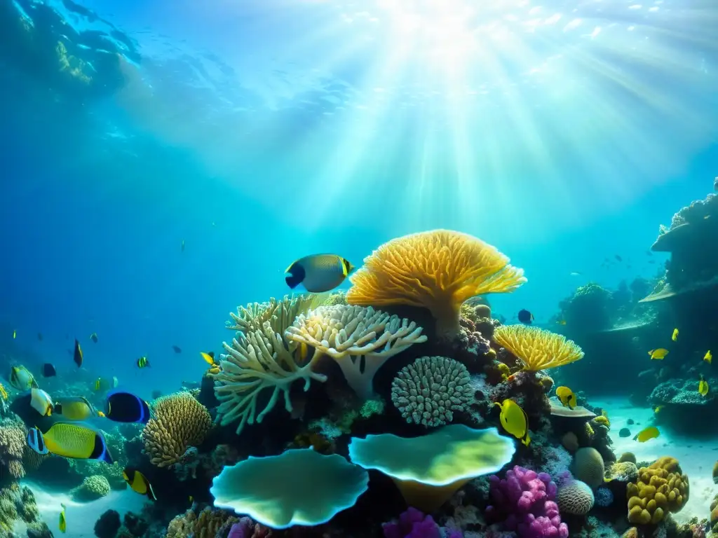 Una fotografía submarina responsable de la vibrante vida marina en un arrecife de coral colorido, con una atmósfera de tranquilidad y armonía