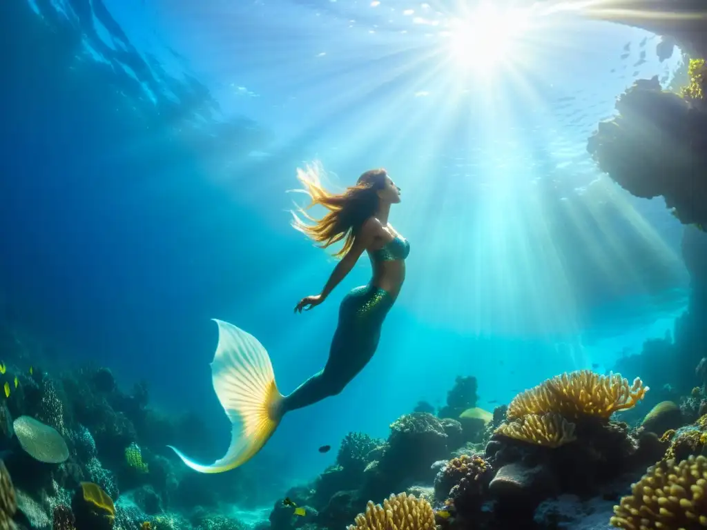 Fotografía submarina de retratos y modelos: Hermosa sirena posando entre corales vibrantes en el cristalino océano