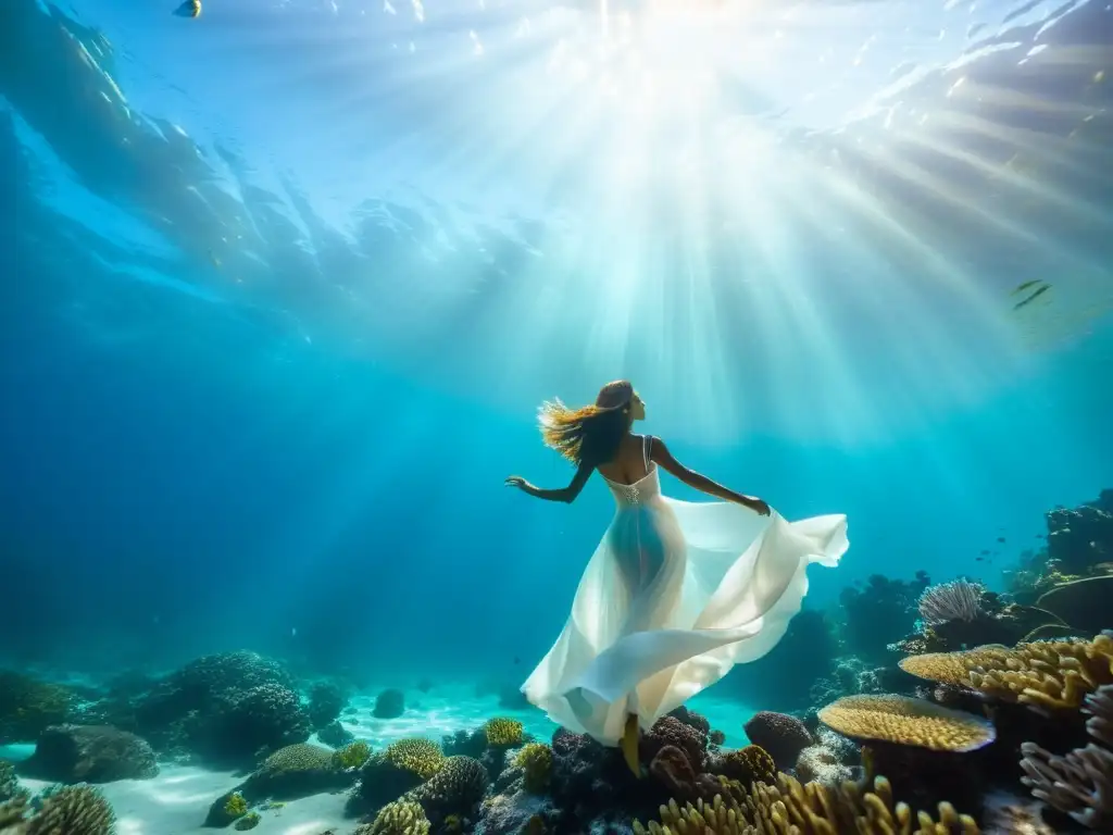 Fotografía submarina de retratos y modelos: Un modelo elegantemente posando entre vibrantes arrecifes de coral, con la luz del sol filtrándose a través del agua cristalina