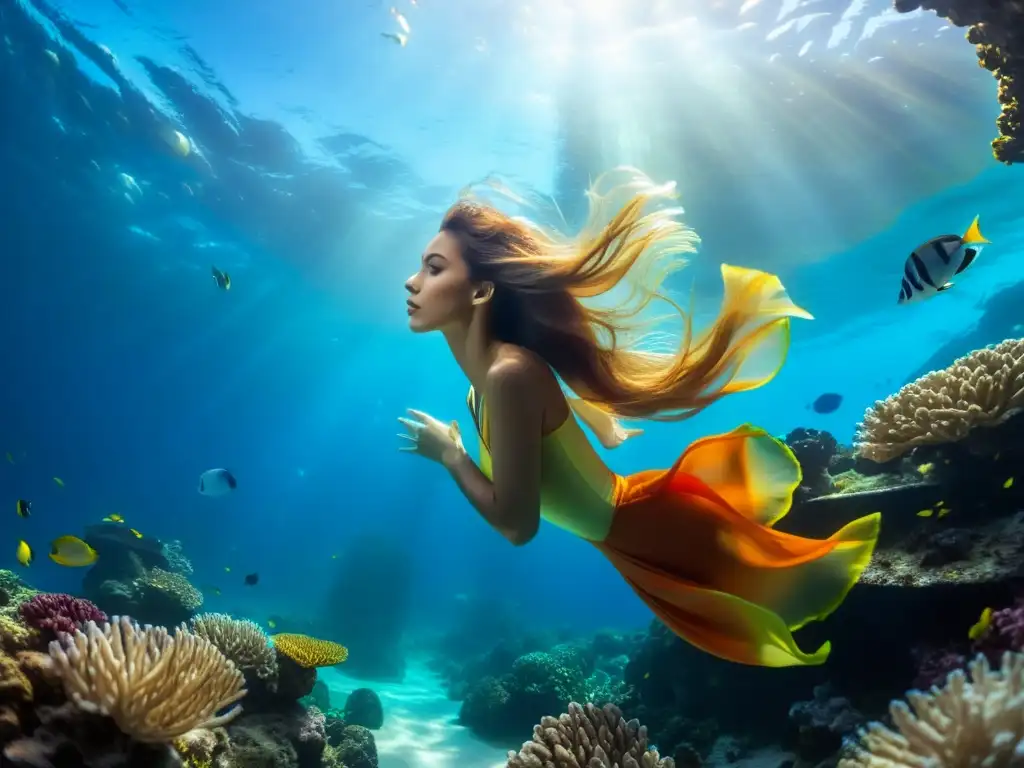 Fotografía submarina de retratos y modelos: un retrato impresionante en un arrecife de coral vibrante con peces tropicales y una modelo elegante