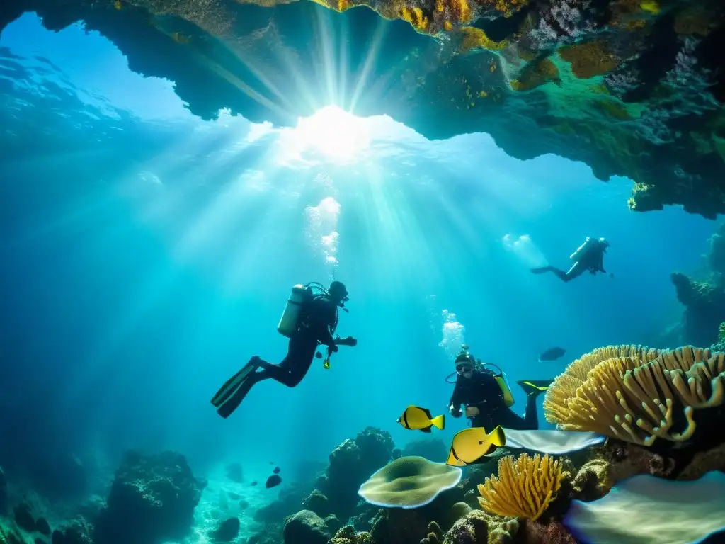 Exploración submarina segura: Grupo de buceadores en una cueva submarina iluminada por rayos de sol, rodeados de vida marina vibrante