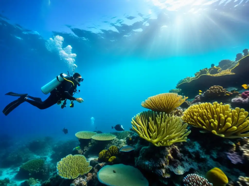 Exploración submarina con sistemas de flotación inteligente para buzos en arrecife de coral colorido y vida marina vibrante