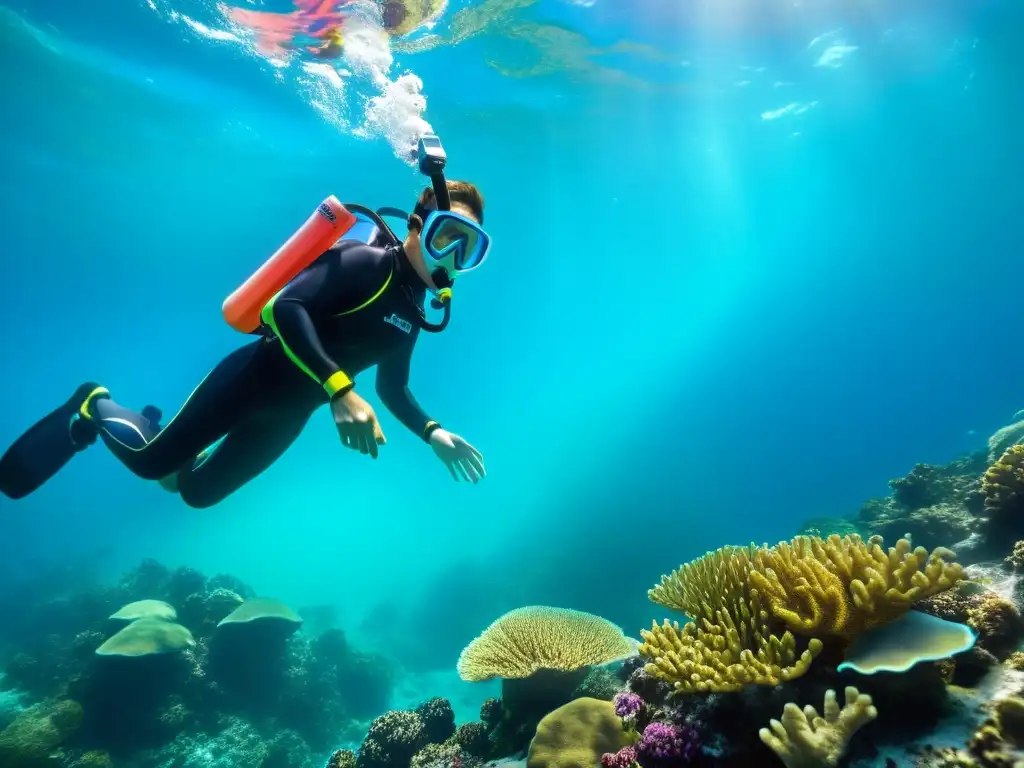 Exploración submarina con snorkel innovador para mejorar respiración en arrecife de coral