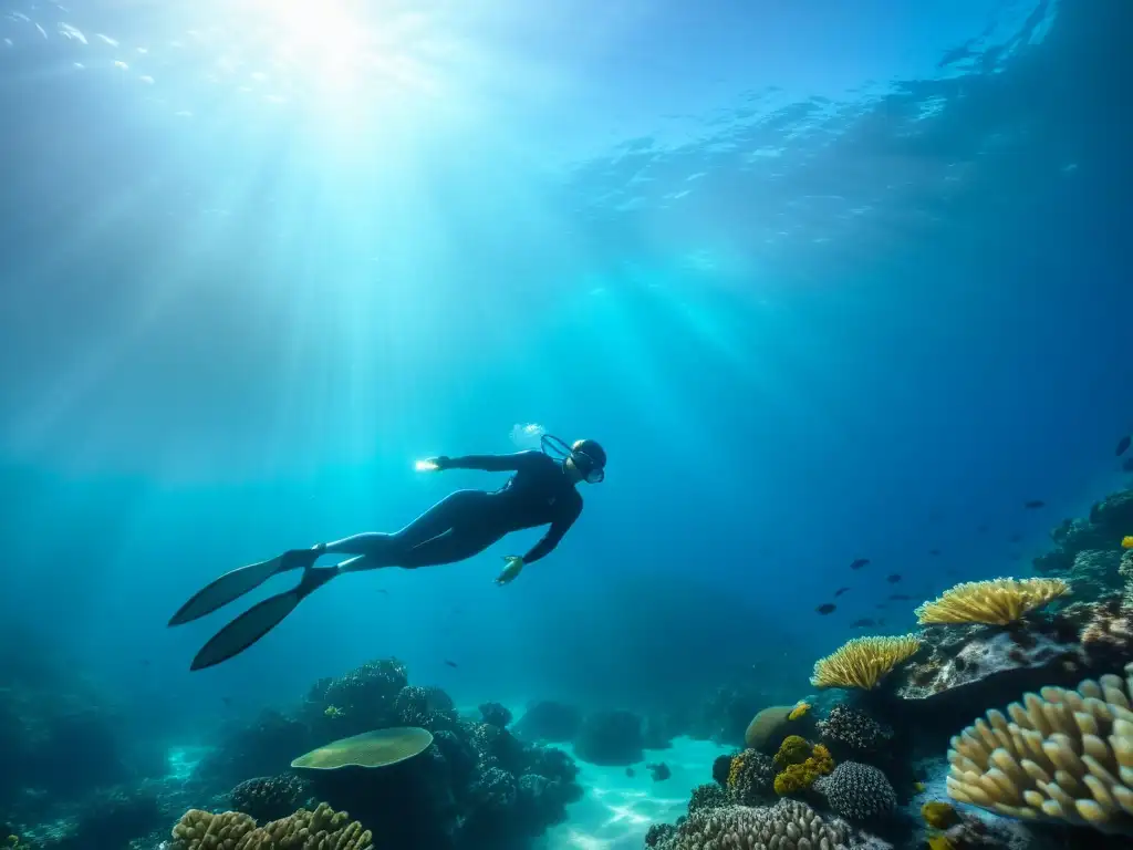 Fotografía submarina sin tanque oxígeno: Freediver en aguas cristalinas rodeado de vida marina y corales vibrantes