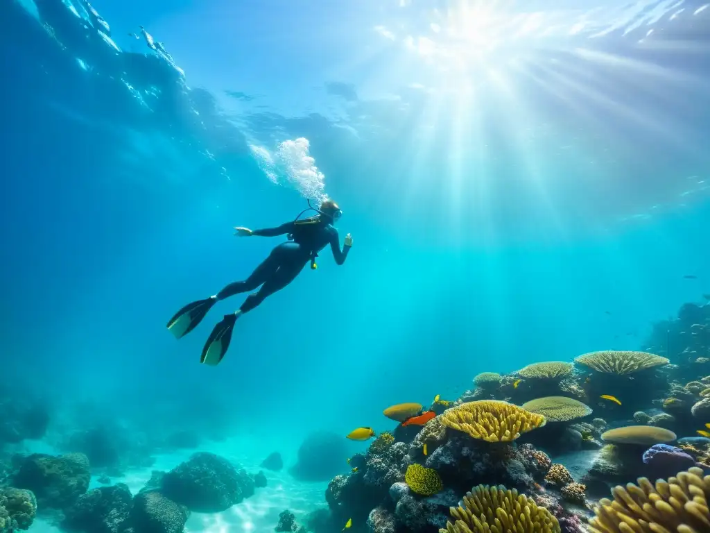 Fotografía submarina sin tanque oxígeno: Un apneista se desliza elegantemente entre aguas turquesas cristalinas, rodeado de arrecifes de coral vibrantes y vida marina colorida