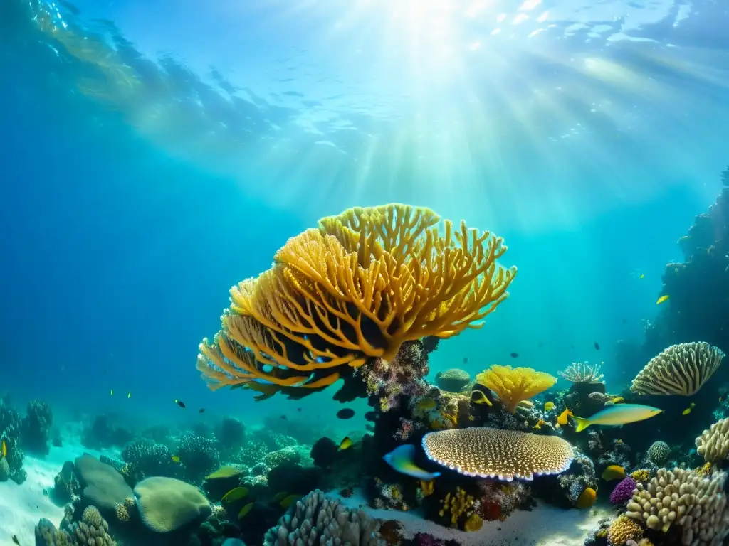 Fotografía submarina sin tanque oxígeno de un vibrante arrecife de coral, lleno de vida y colores, con peces nadando entre las formaciones coralinas